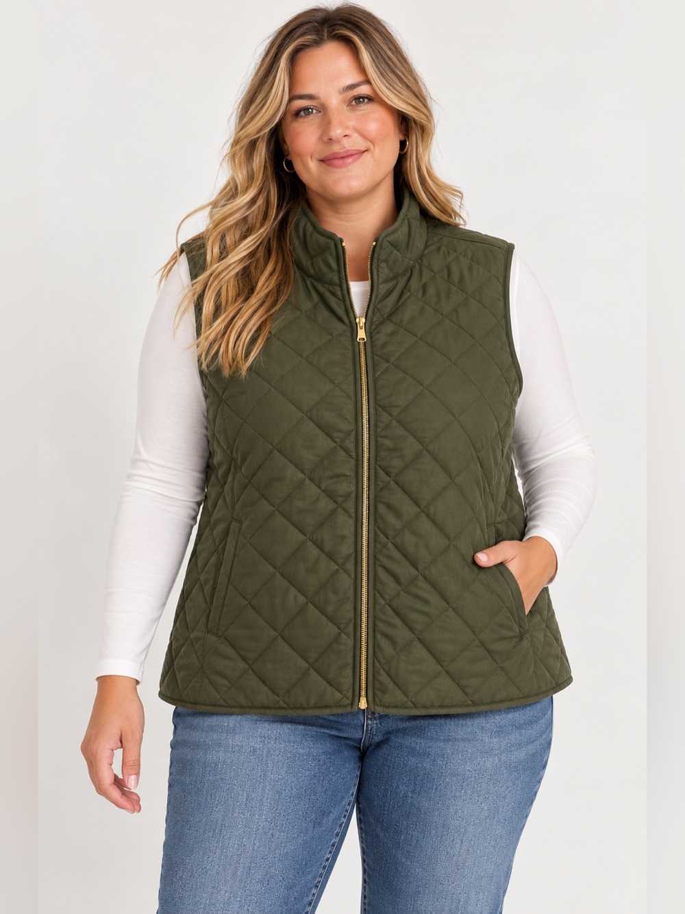 Old Navy Olive Green Quilted Vest with Gold Zip